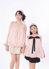 LE097/098 - Set bộ Áo bí Organza nơ mix cùng chân váy chấm bi