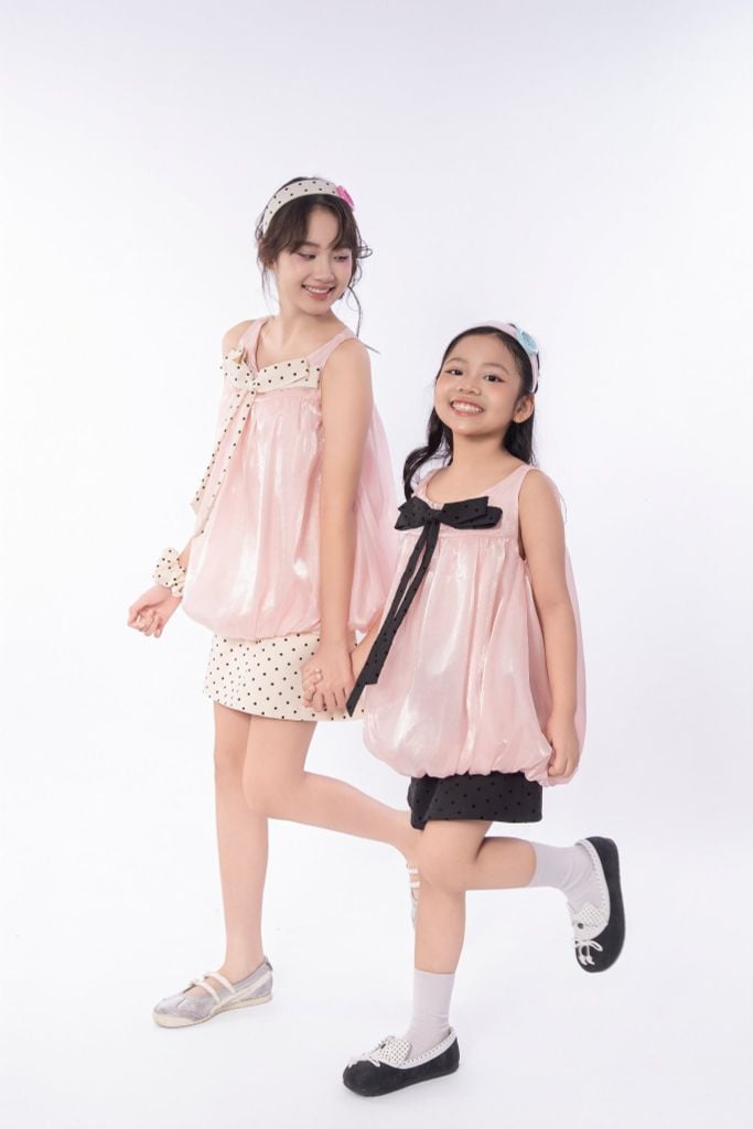 LE097/098 - Set bộ Áo bí Organza nơ mix cùng chân váy chấm bi