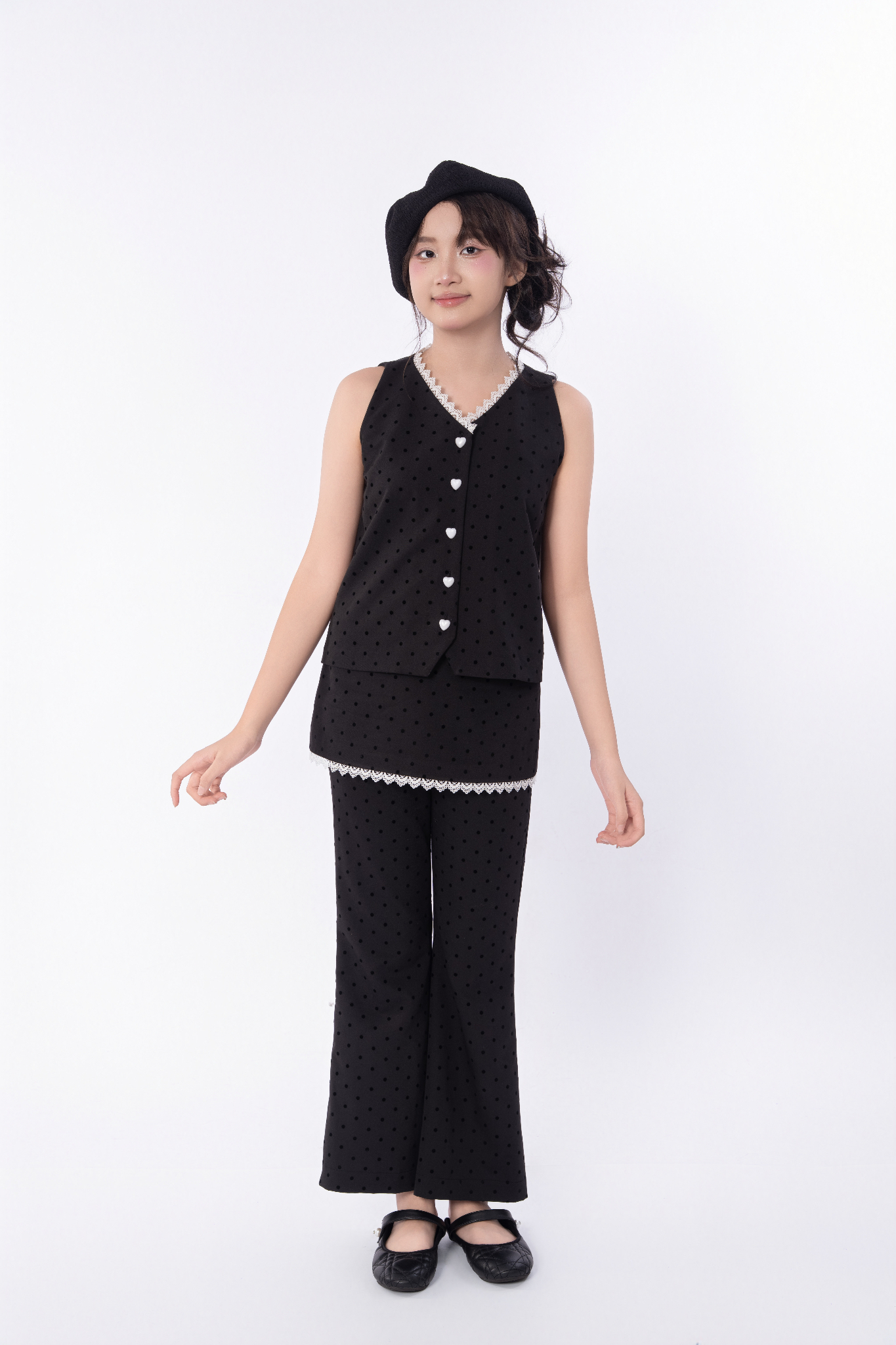 LE105/106 - Set bộ Gile mix cùng Quần váy ống loe vải chấm bi