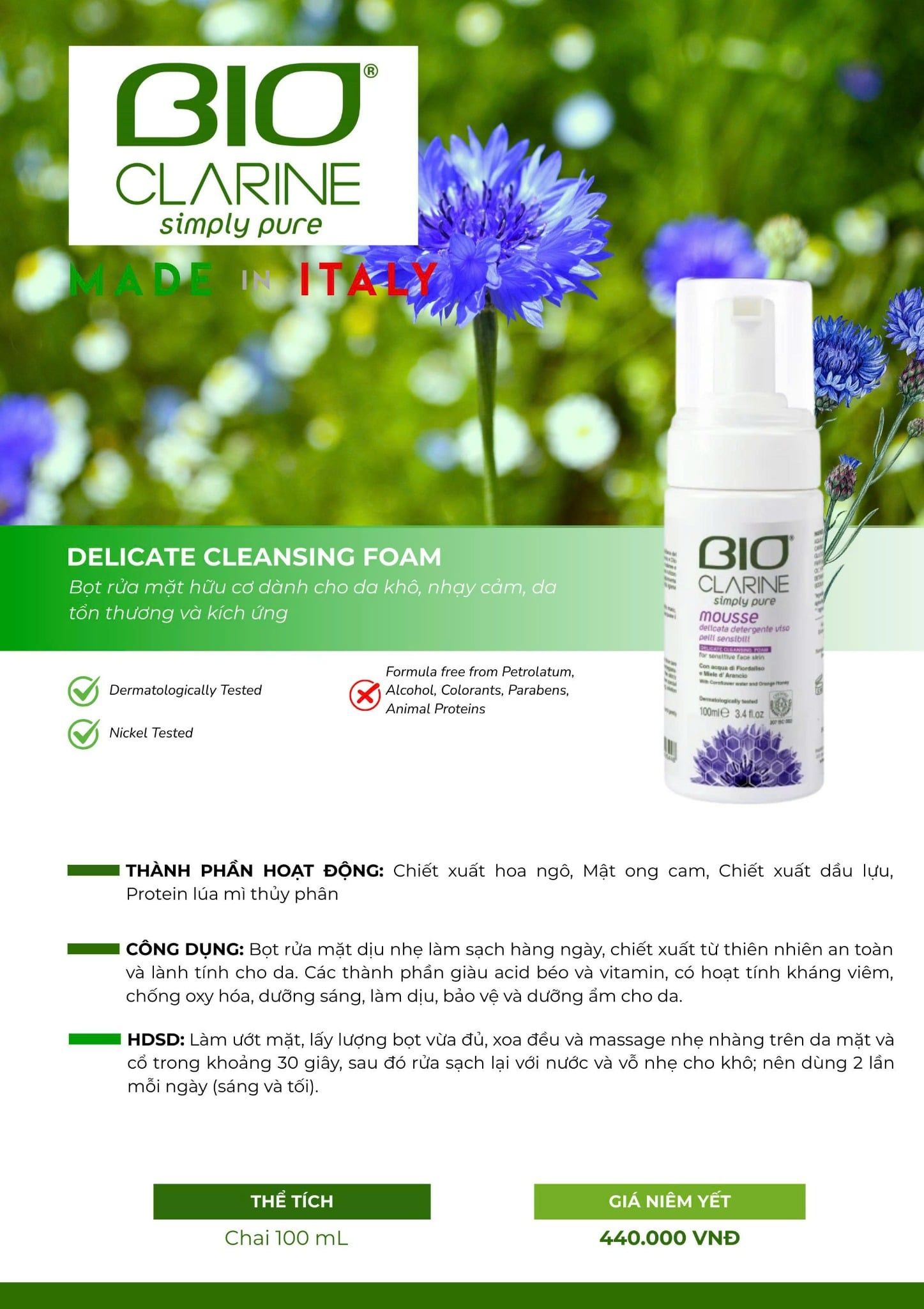  Bọt Rửa Mặt BIO CLARINE – Delicate Cleansing Froam (Bọt rửa mặt Hữu cơ cho da nhạy cảm 100ml) 