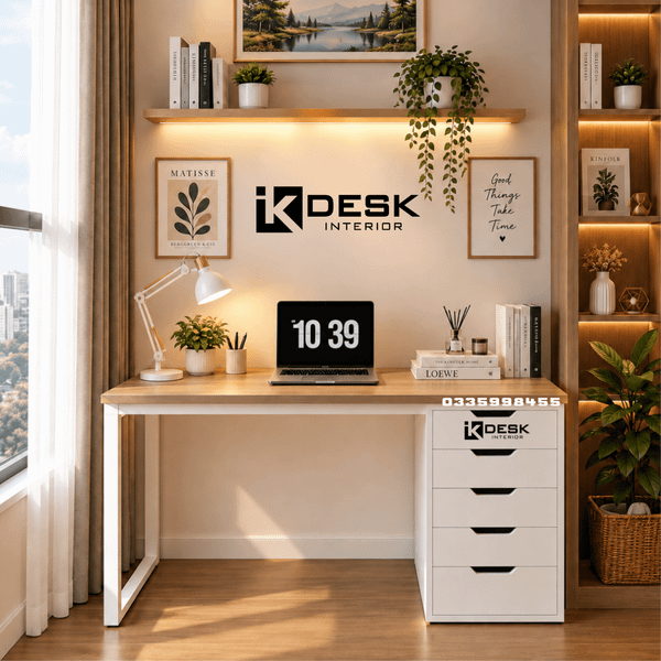 Bàn IKEA 1 Tủ Trắng-Mặt Gỗ Sáng