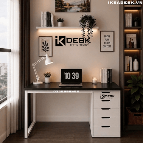 Bàn IKEA 1 Tủ Trắng-Mặt Đen