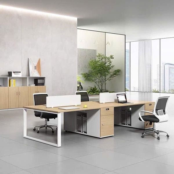 Bàn Nhân Viên  bàn đôi văn phòng Gỗ MDF kết hợp chân sắt và tủ kệ