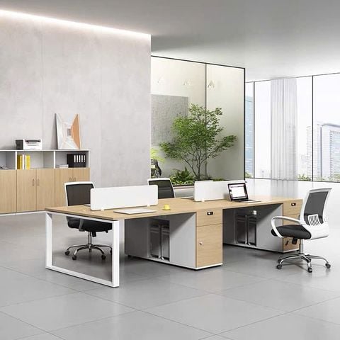 Bàn Nhân Viên  bàn đôi văn phòng Gỗ MDF kết hợp chân sắt và tủ kệ