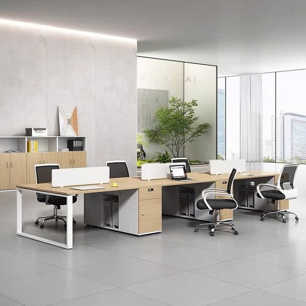 Bàn Nhân Viên  bàn đôi văn phòng Gỗ MDF kết hợp chân sắt và tủ kệ