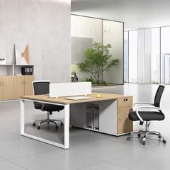 Bàn Nhân Viên  bàn đôi văn phòng Gỗ MDF kết hợp chân sắt và tủ kệ