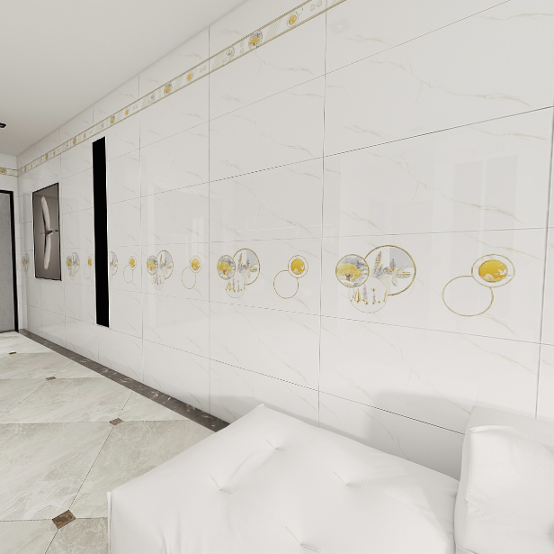 Gạch ốp men bóng trắng vân mây vàng điểm hoa TK-HVMF - 40x80