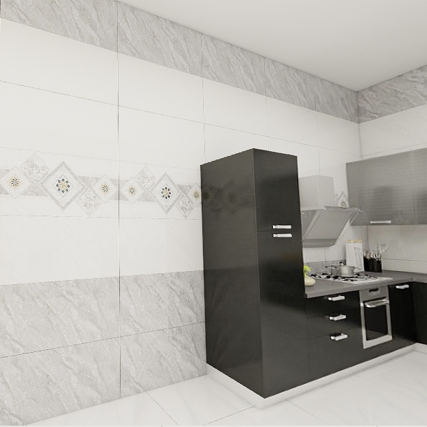 Gạch ốp men bóng vân mây xám viền hoa văn điểm bình hoa MHP-HVZG - 40x80