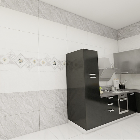  Gạch ốp men bóng vân mây xám viền hoa văn điểm bình hoa MHP-HVZG - 40x80 