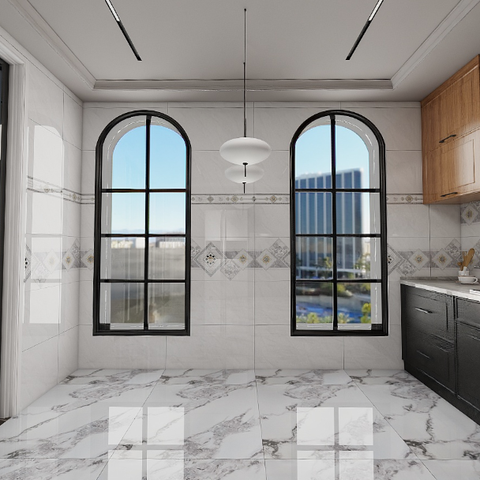  Gạch ốp men bóng vân mây xám viền hoa văn điểm bình hoa MHP-HVZG - 40x80 