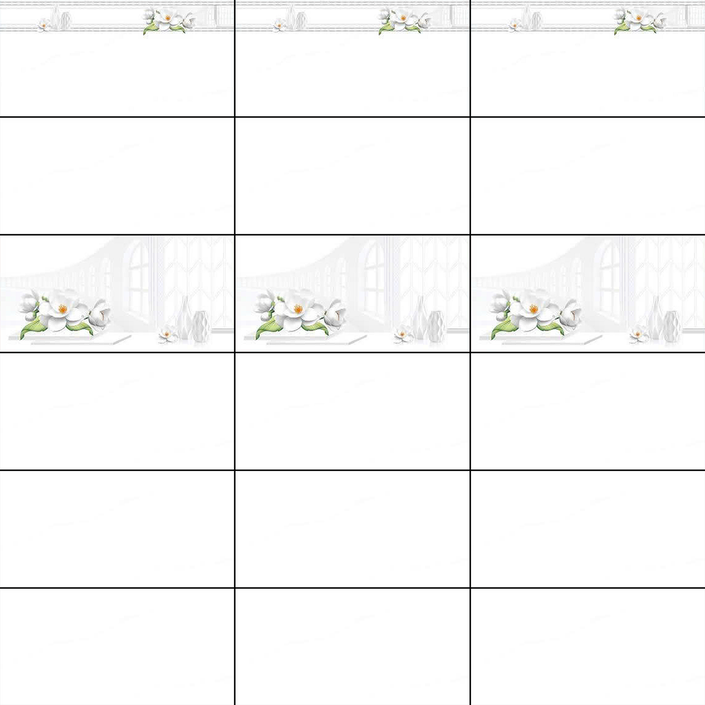 Gạch ốp men bóng trắng trơn viền hoa văn điểm bình hoa TK-HVMV - 40x80