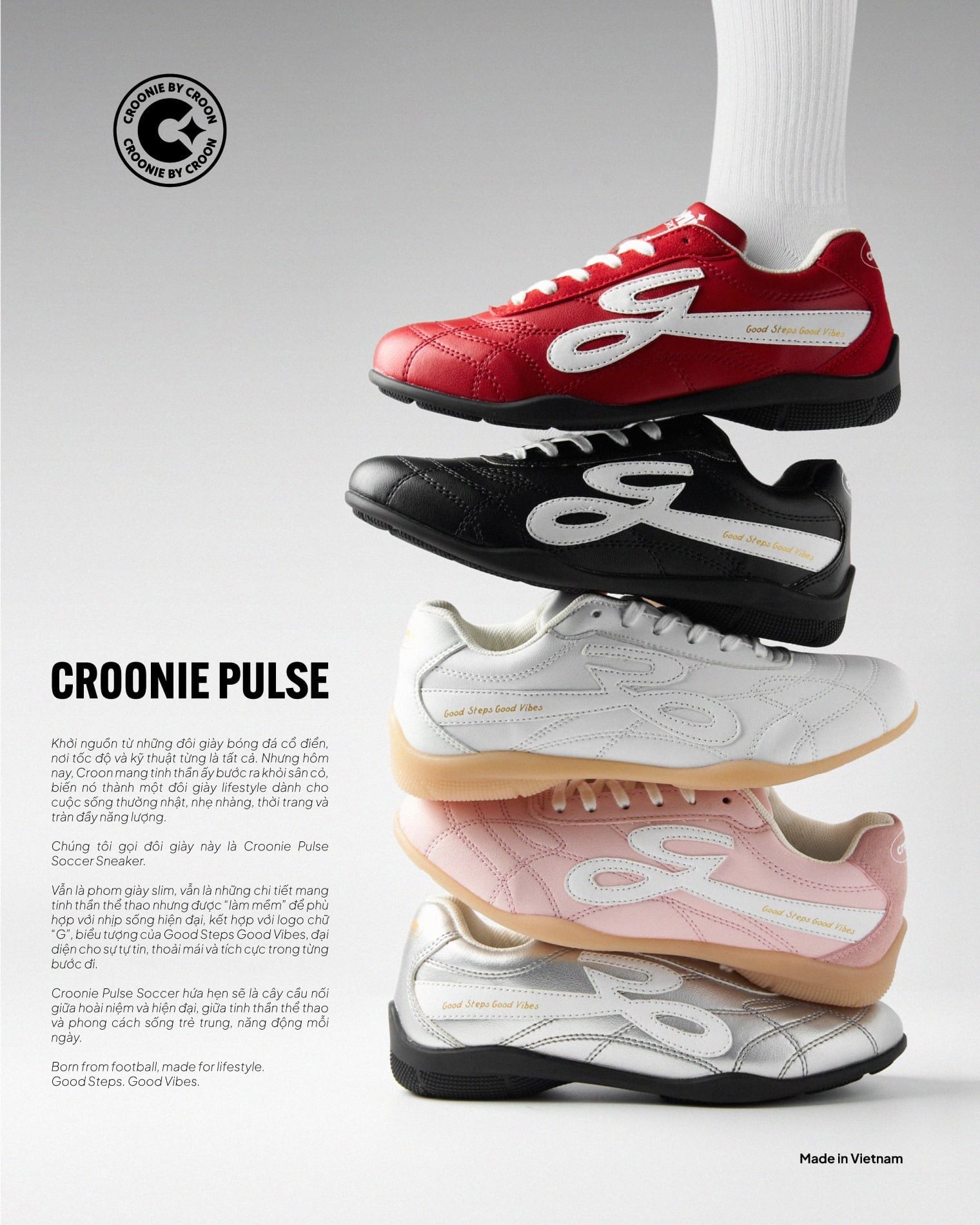  [CHÍNH HÃNG] Giày Sneaker Thời Trang CROONIE by CROON phong cách Block Core, Croonie Pulse Soccer CRi25, Made in Vietnam - Màu Bạc 