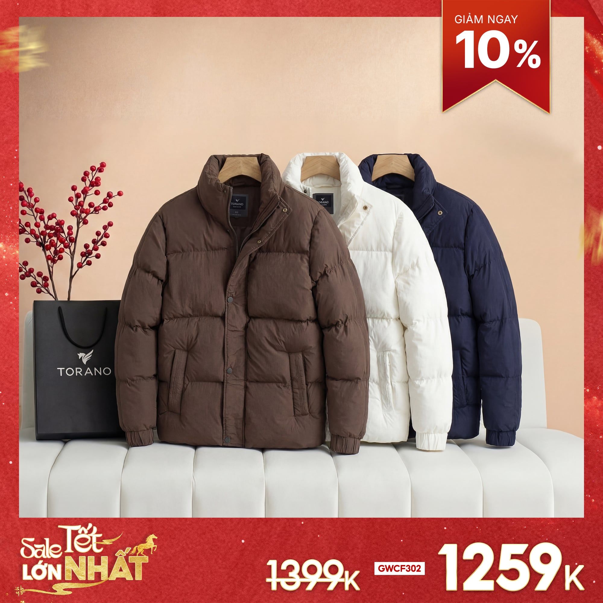  Áo khoác phao 3 lớp trơn chần bông cổ cao GWCF302 