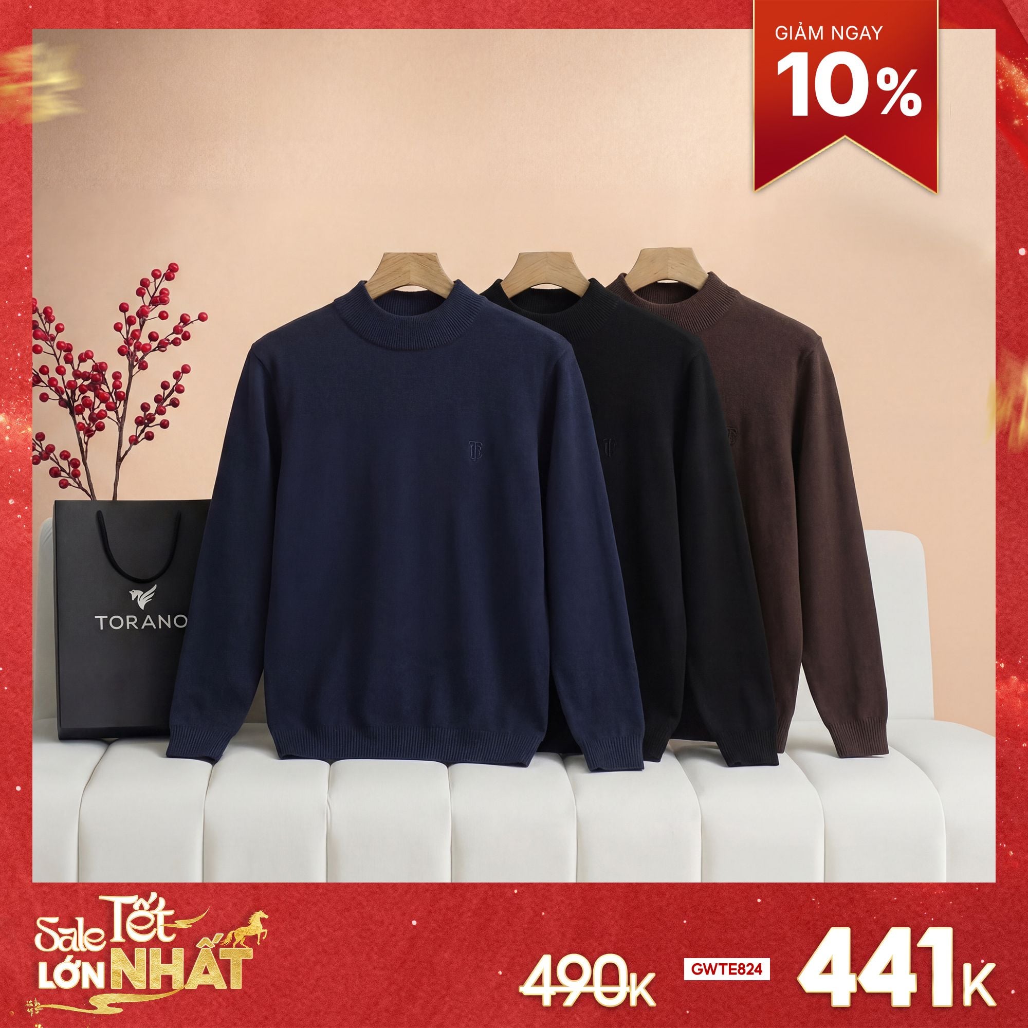  Áo len trơn cổ trụ thêu logo ngực GWTE824 