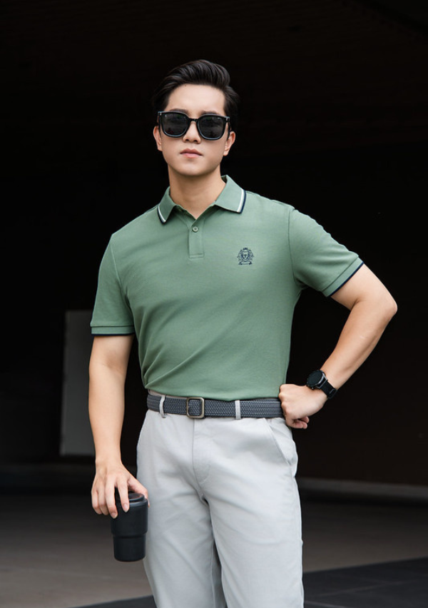  Áo polo trơn bo tay kẻ thêu logo ngực GSTP602 