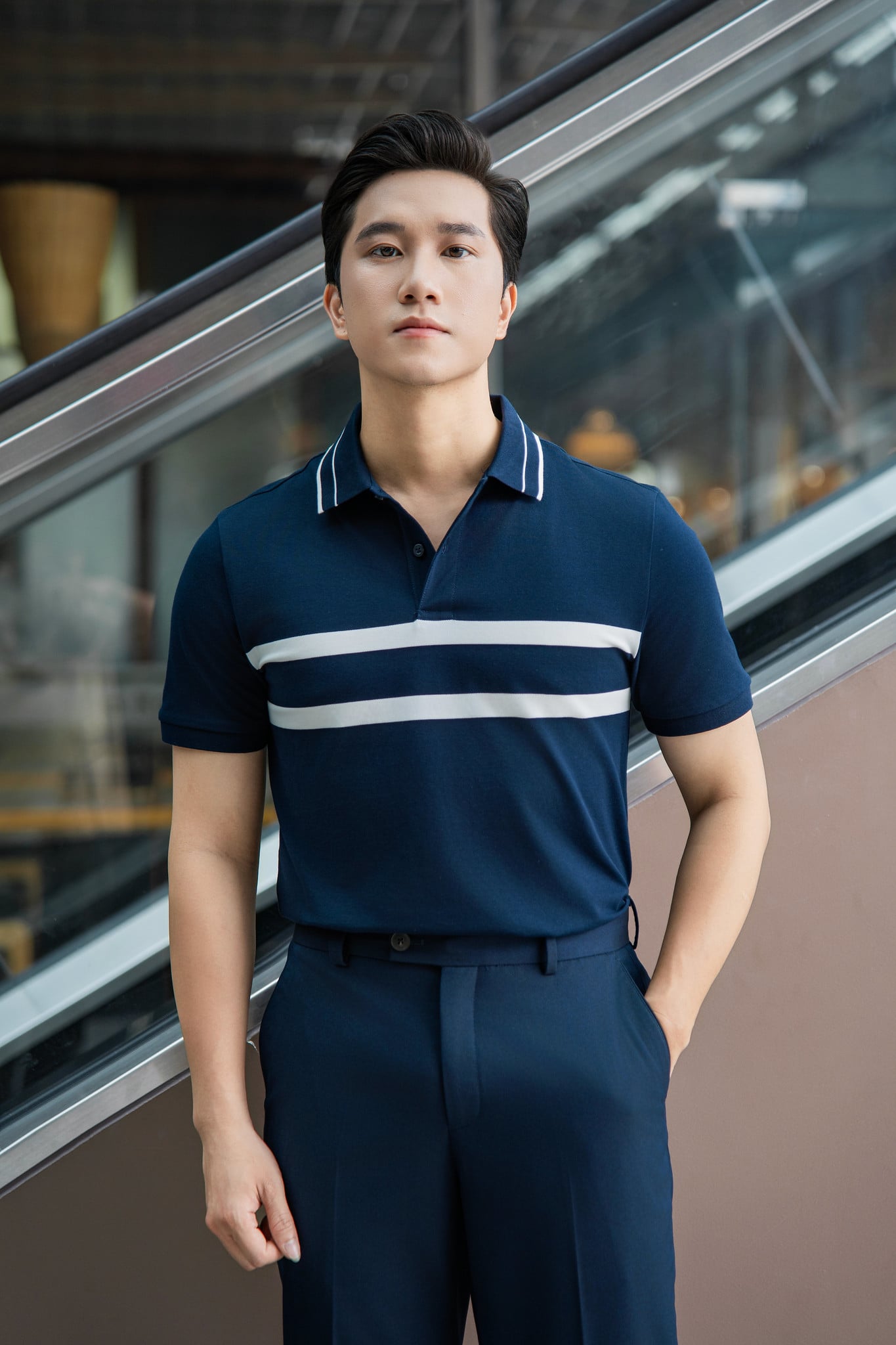 Áo polo nam kẻ bo tay Cotton Solid co giãn GSTP068 — ảnh phẳng