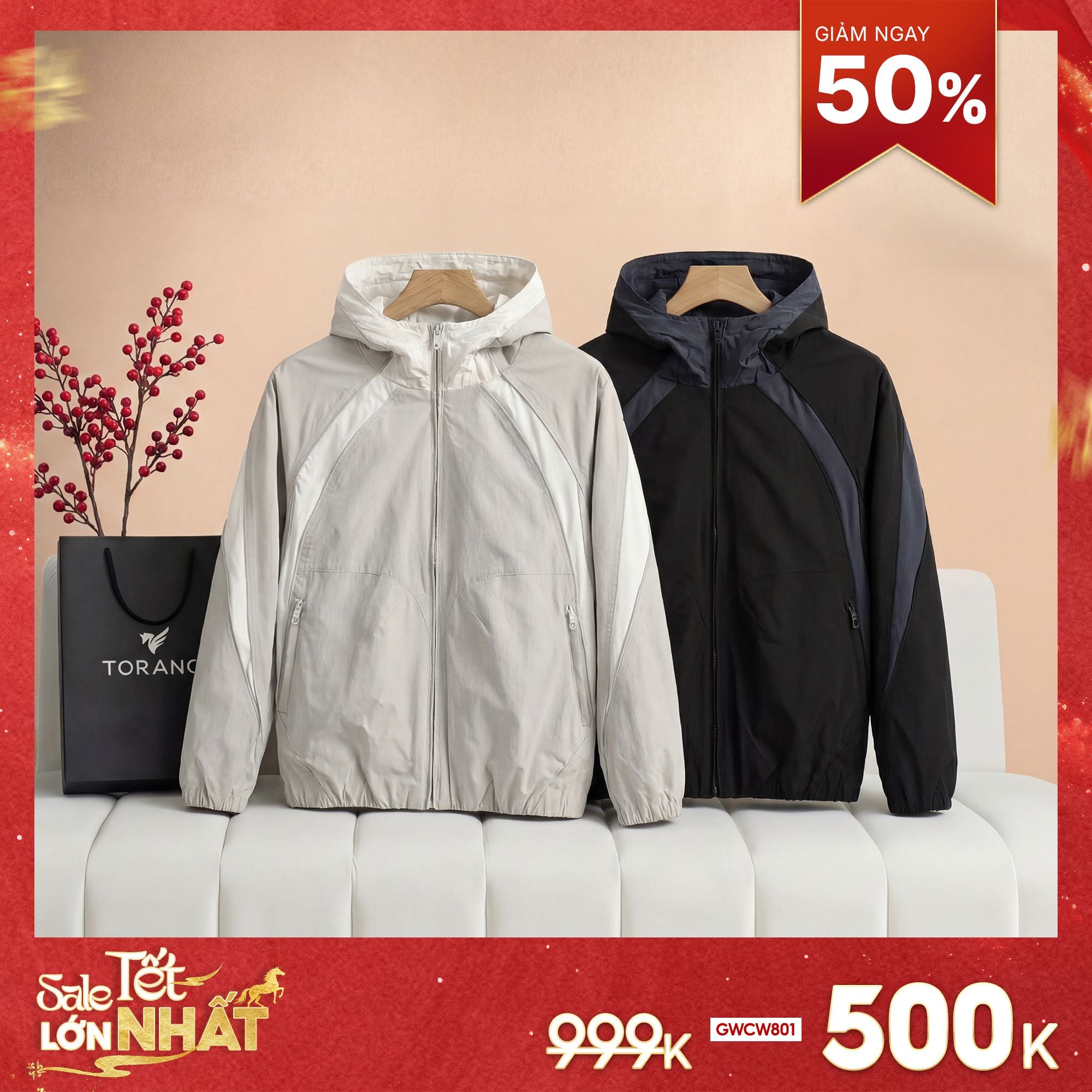  Áo khoác gió 2 lớp can phối mũ liền logo thêu GWCW801 