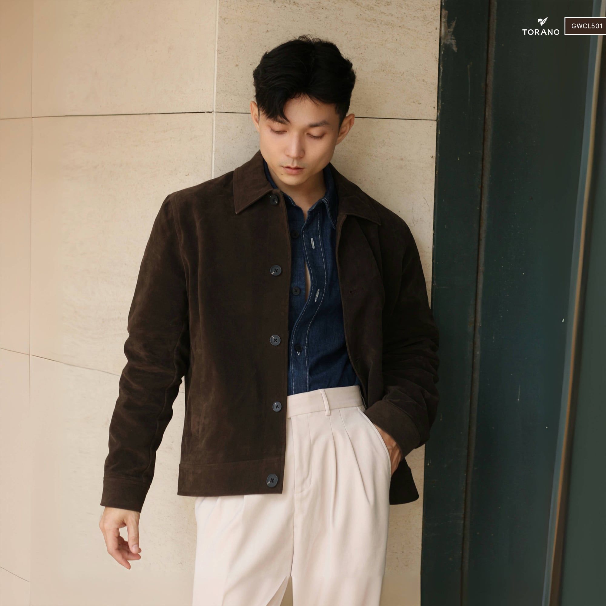  Áo khoác da lộn basic cổ bẻ cúc khắc logo GWCL501 