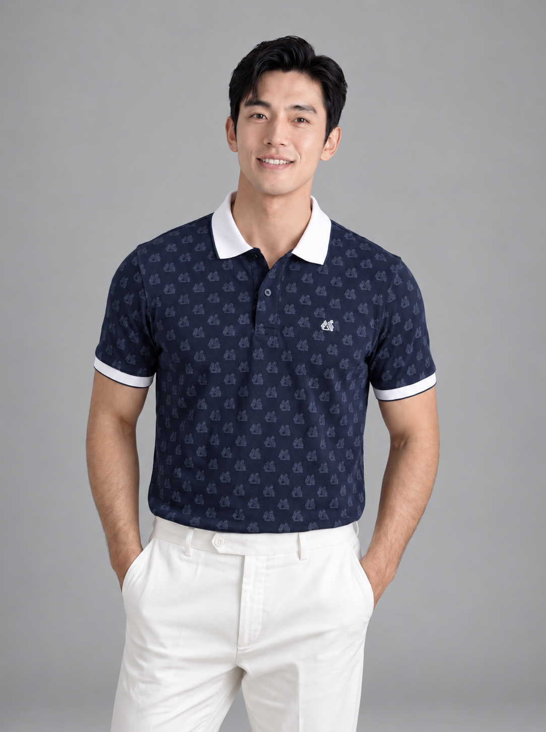 Áo polo nam monogram in tràn Pique Cotton GSTP051