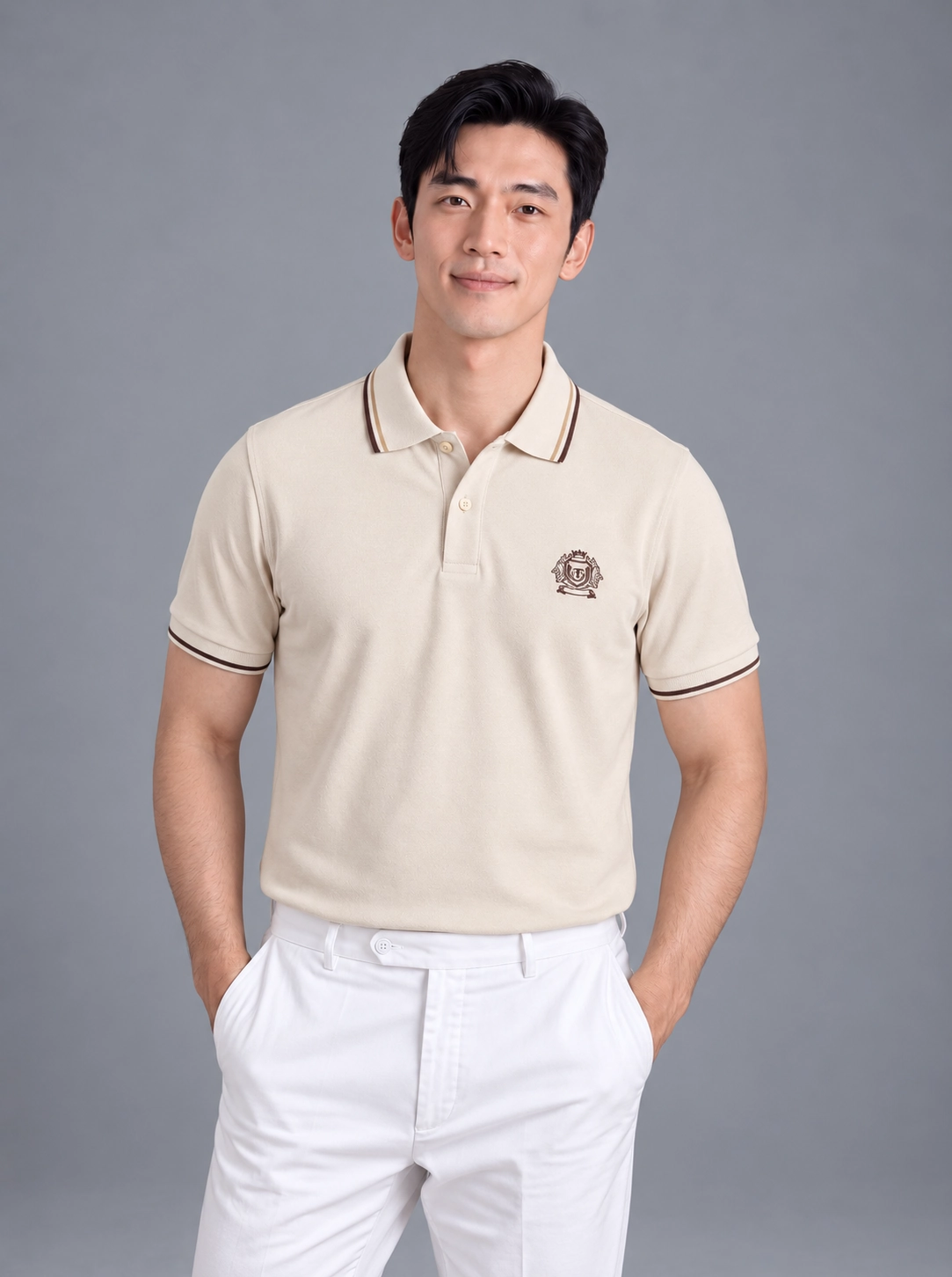 Áo polo nam trơn bo tay kẻ thêu Pique Air GSTP602