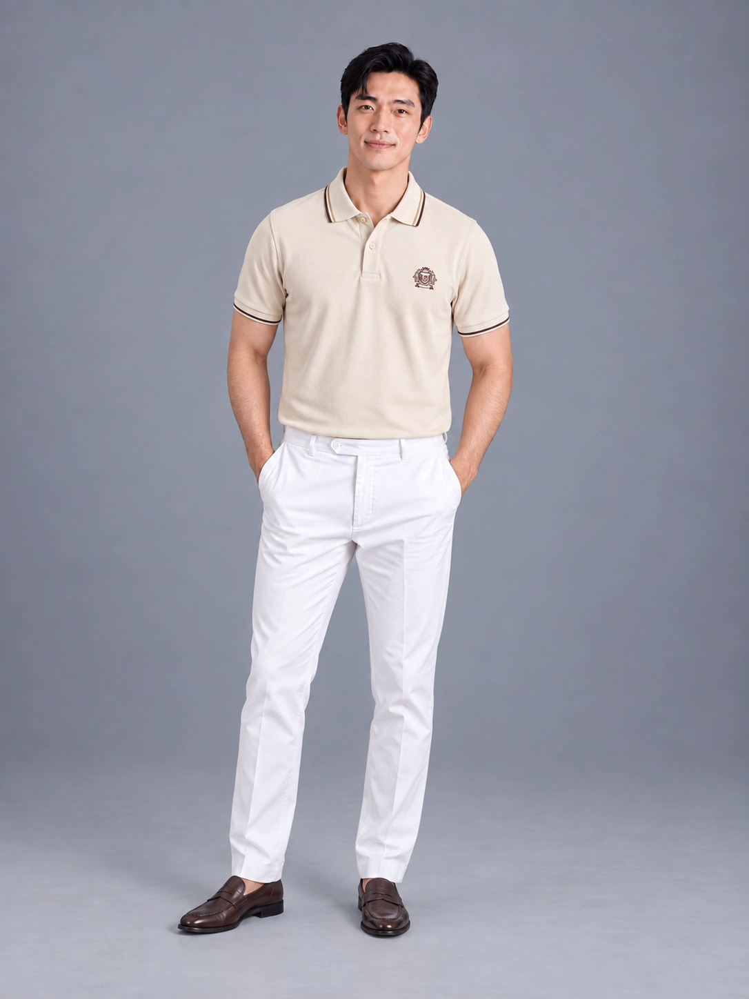 Áo polo nam trơn bo tay kẻ thêu Pique Air GSTP602 — ảnh phẳng