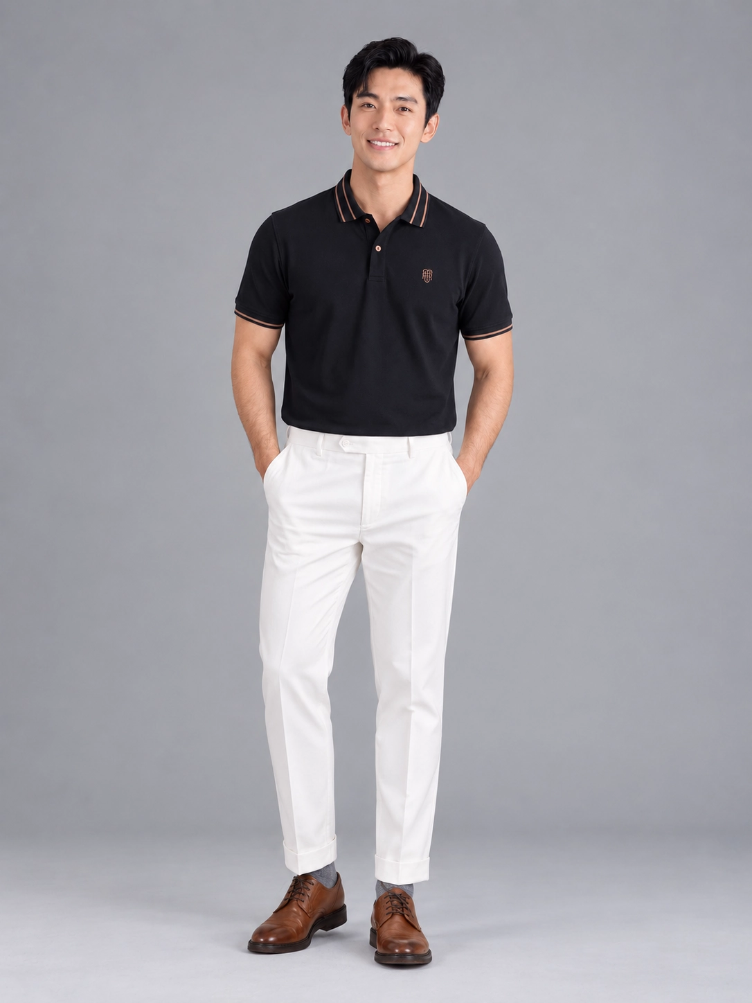 Áo polo nam trơn bo kẻ Silk Touch co giãn HSTP903 — ảnh phẳng