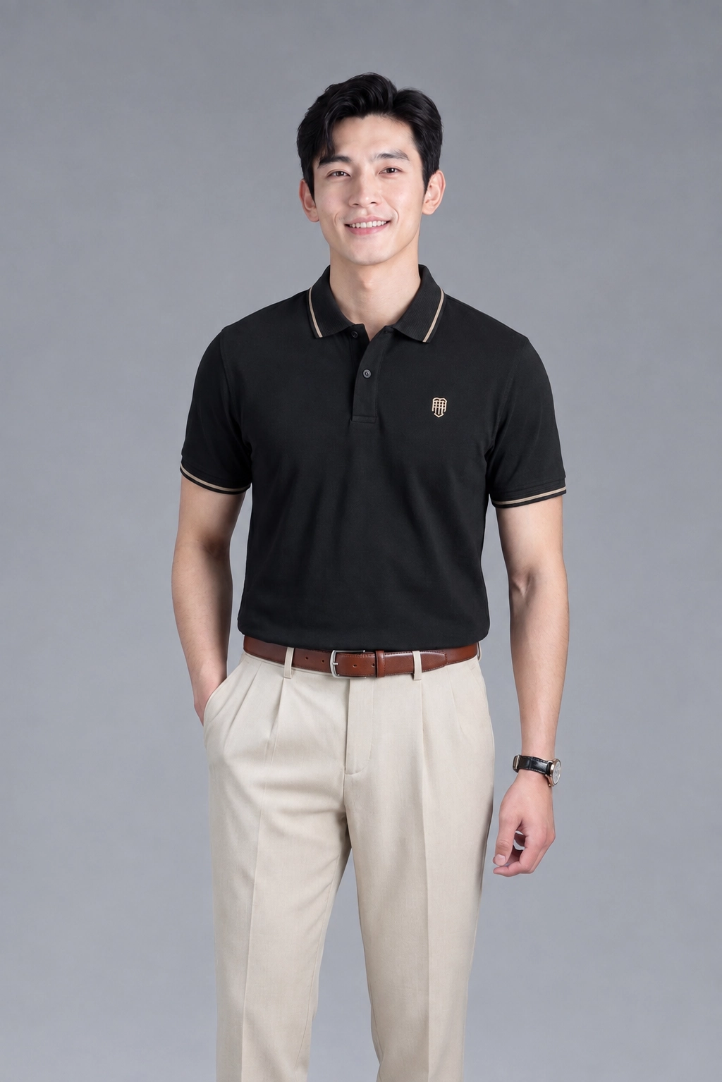 Áo polo nam trơn bo kẻ Silk Touch co giãn HSTP904