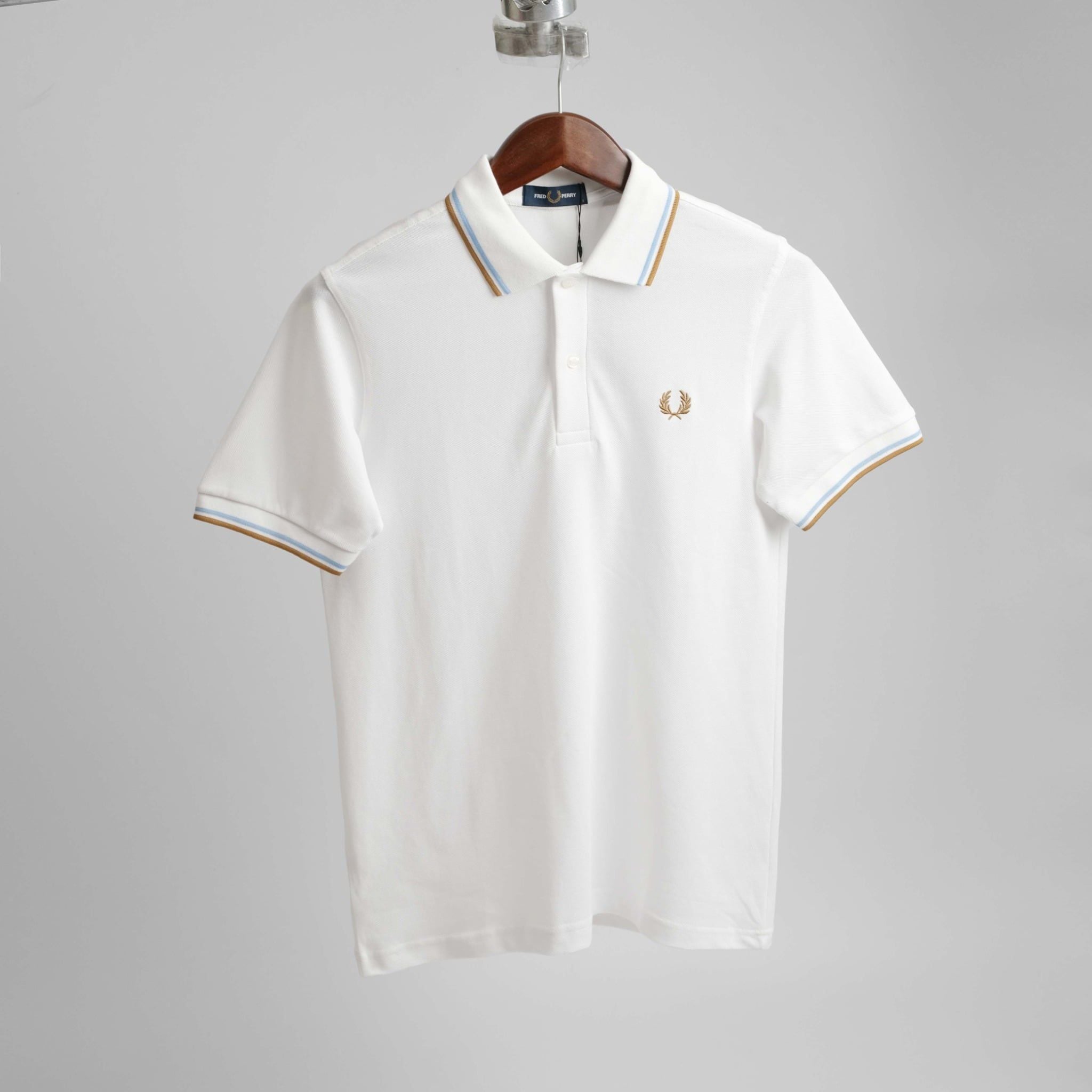  Polo Fred Perry Trắng Viền Xanh Nâu Hàng Chính Hãng 