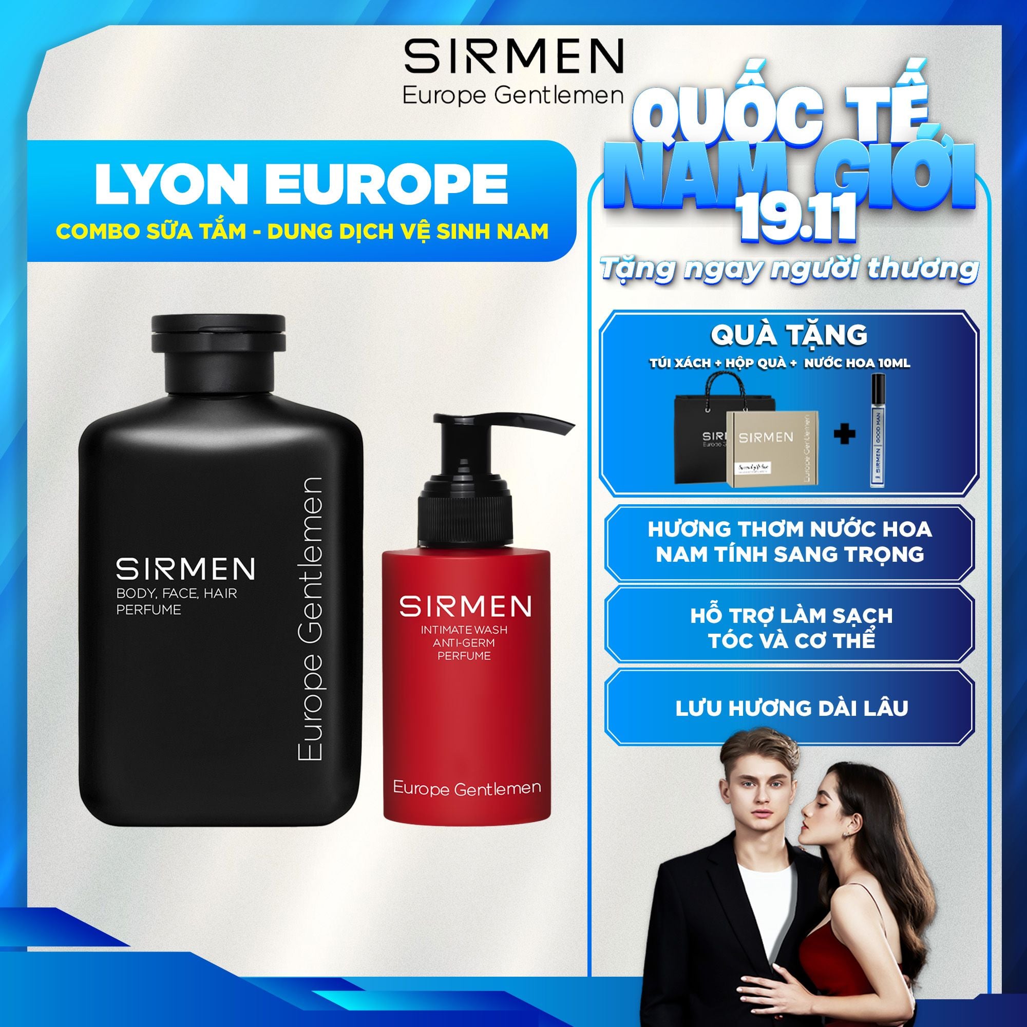  Bộ quà tặng cho nam LYON EUROPE gồm Sữa tắm gội nam 350g & Dung dịch vệ sinh nam 100g nguyên liệu tự nhiên SIRMEN Europe Gentlemen 