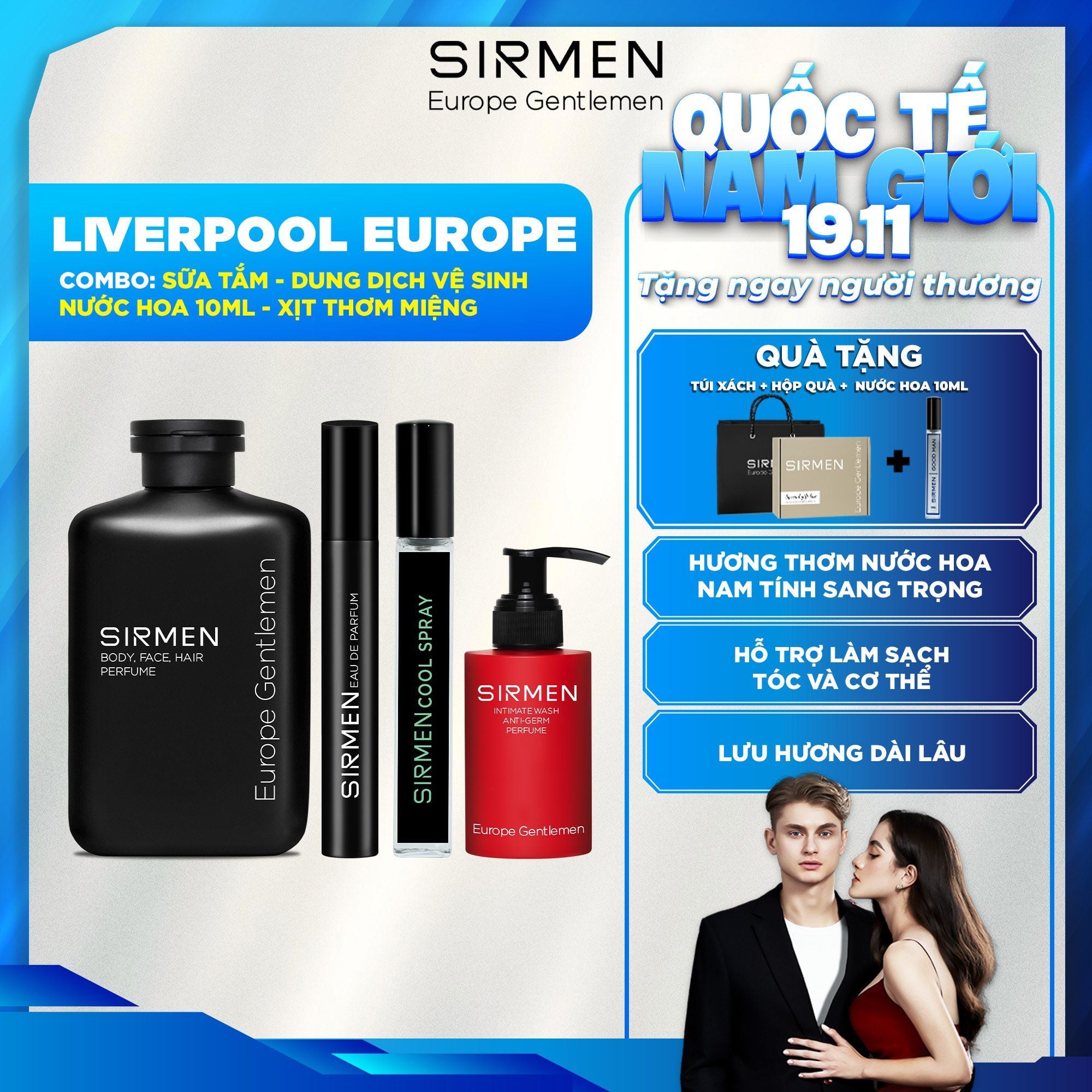  Bộ quà tặng cho nam LIVERPOOL EUROPE gồm Sữa tắm gội nam - Nước hoa nam - Xịt thơm miệng - Dung dịch vệ sinh nam hương nước hoa SIRMEN Europe Gentlemen 