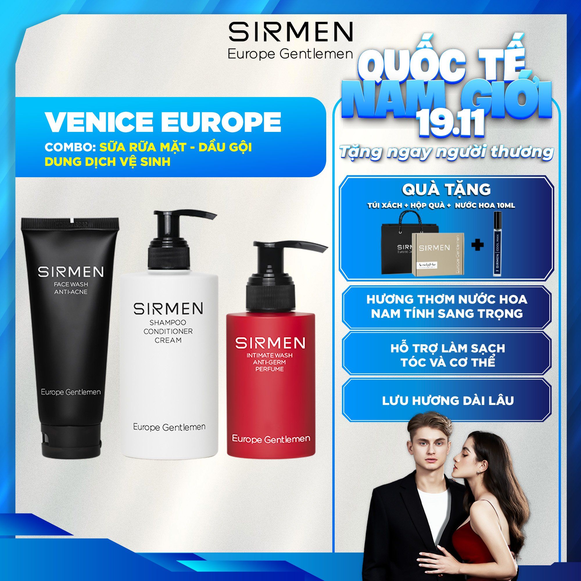  Bộ quà tặng cho nam VENICE EUROPE Sữa rửa mặt nam 2in1 100g Dầu gội nam 3in1 320g và Dung dịch vệ sinh nam 3in1 100g hương nước hoa SIRMEN Europe Gentlemen 