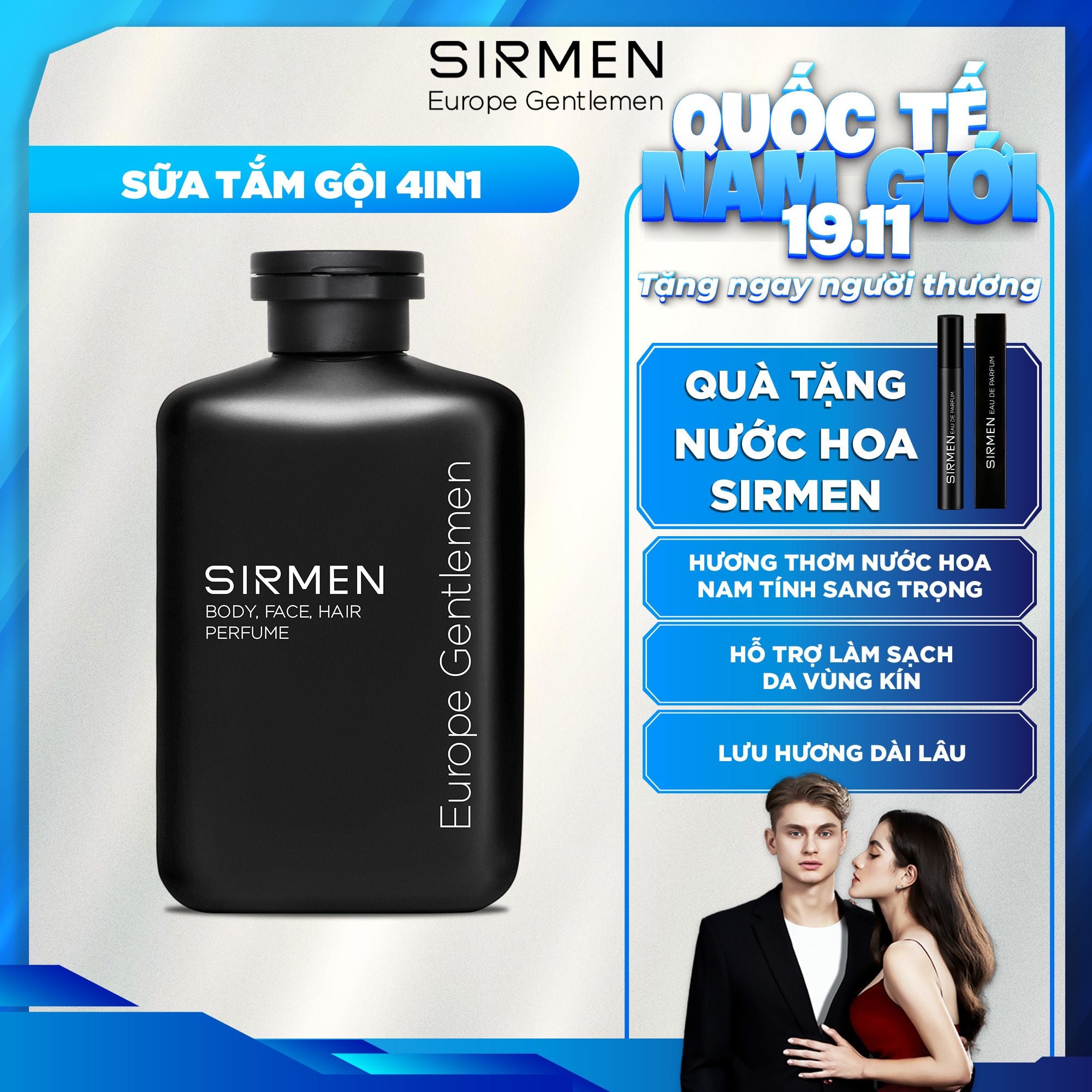 Sữa tắm gội nam 4 in 1 hương nước hoa châu Âu SIRMEN Europe Gentlemen cao cấp 350g công nghệ tiên tiến đậm đặc gấp 2 lần 