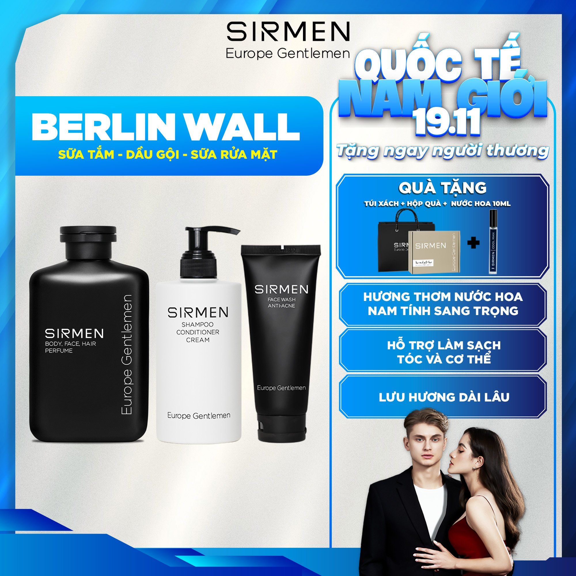  Bộ quà tặng cho nam BERLIN WALL Sữa tắm gội nam 4 in 1 - Dầu gội nam 3 in 1 và Sữa rửa mặt nam 2 in 1 SIRMEN nguyên liệu tự nhiên Europe Gentlemen 