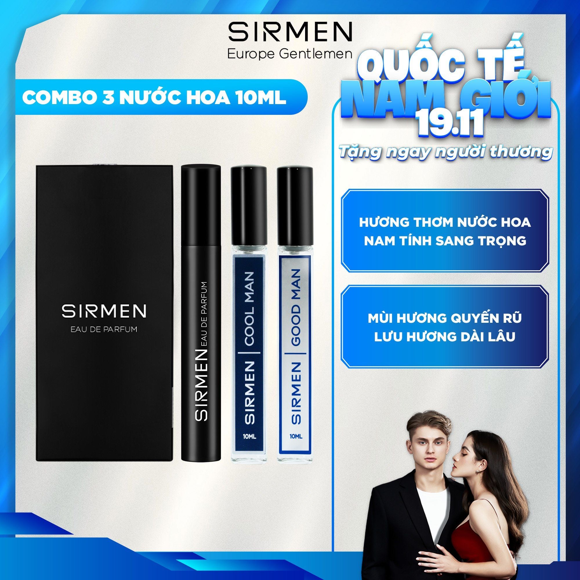  [Combo 3 chai 10ml - 3 mùi] Nước hoa nam SIRMEN Eau de Parfum Europe Gentlemen thơm lịch lãm, trẻ trung, cuốn hút 