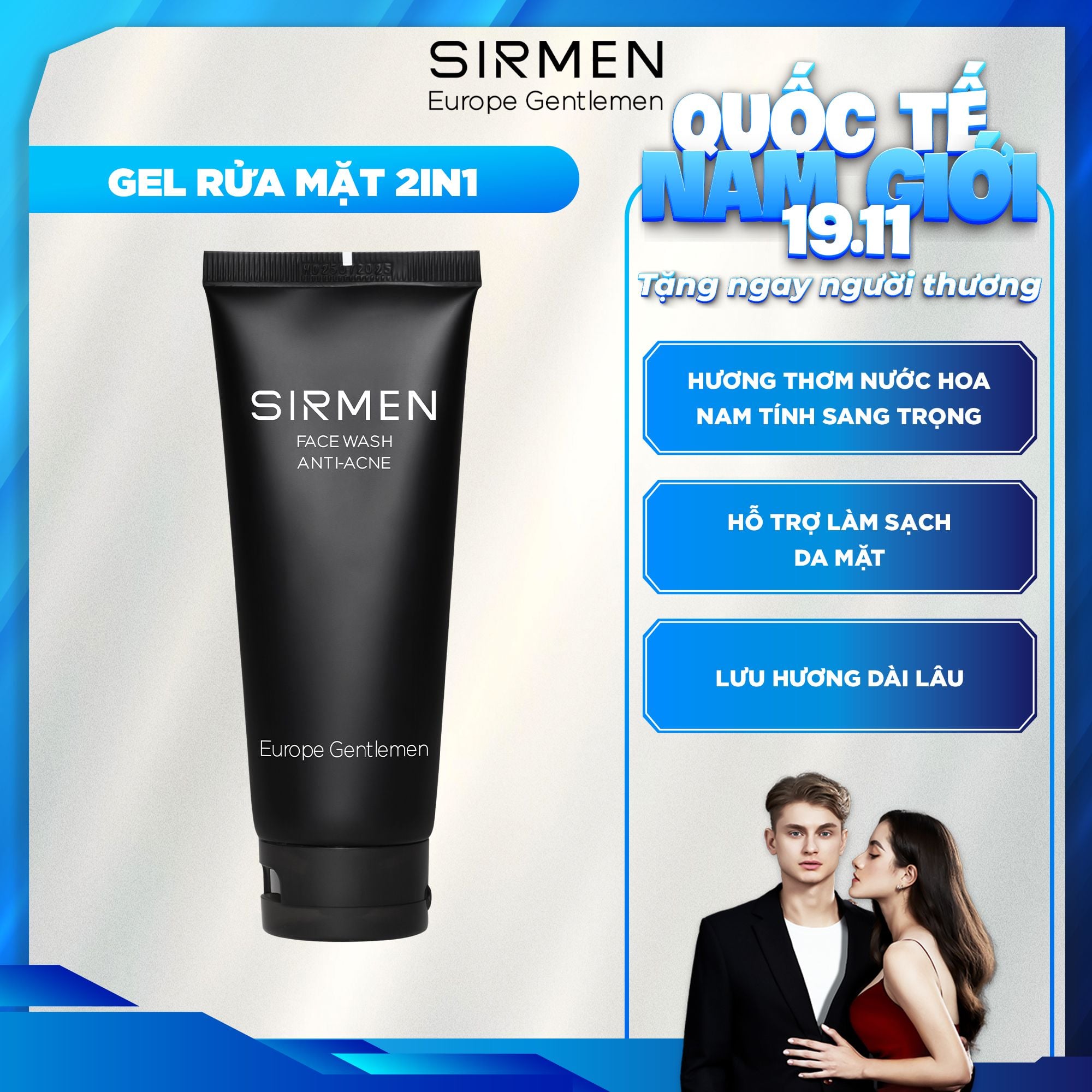  Sữa rửa mặt nam 2 in 1 nguyên liệu tự nhiên SIRMEN Europe Gentlemen cao cấp 100g chiết xuất tự nhiên công nghệ tiên tiến 