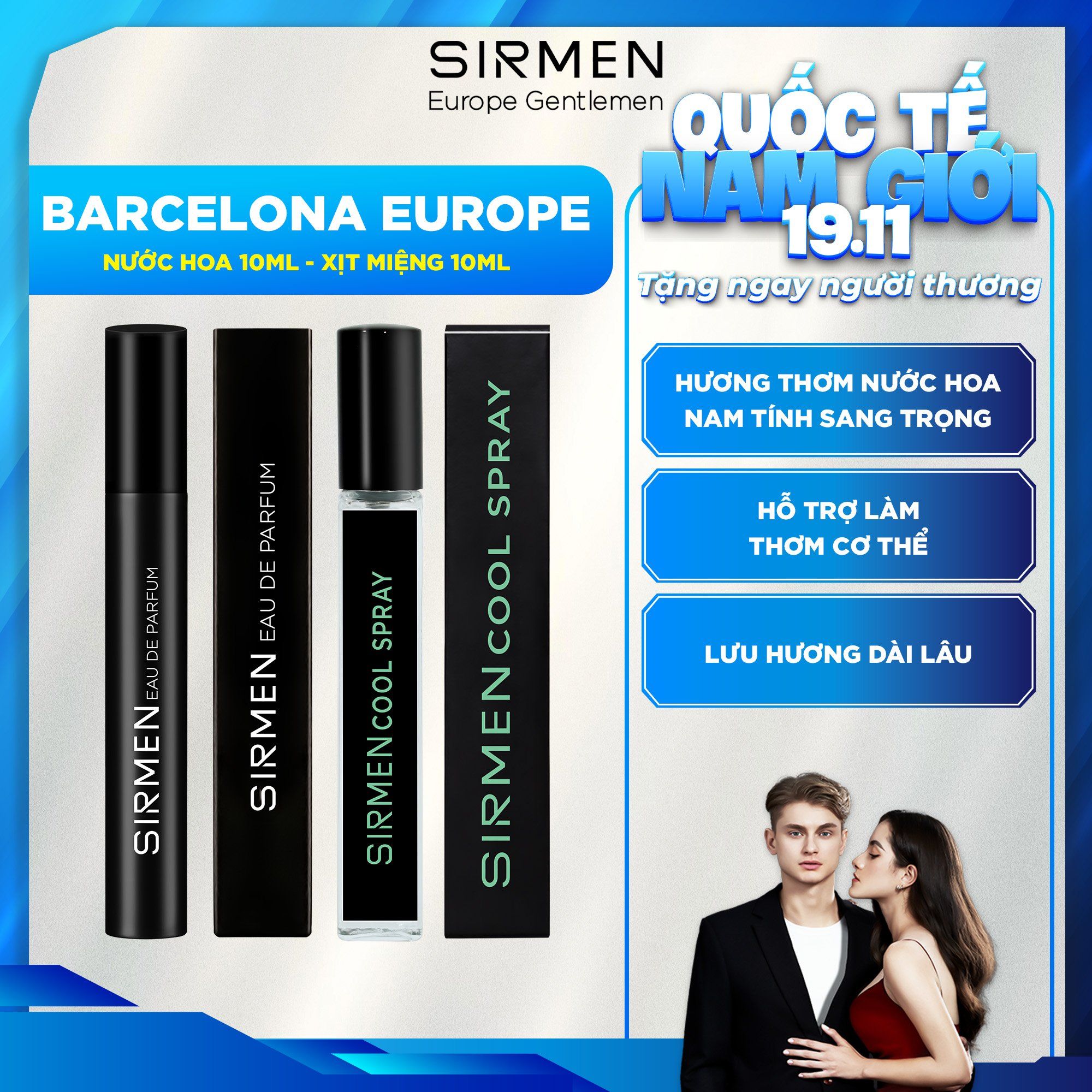  Combo BARCELONA EUROPE gồm Xịt thơm miệng Mint Cool Spray bạc hà & 01 chai Nước hoa nam SIRMEN 10ml Eau de Parfum Europe 