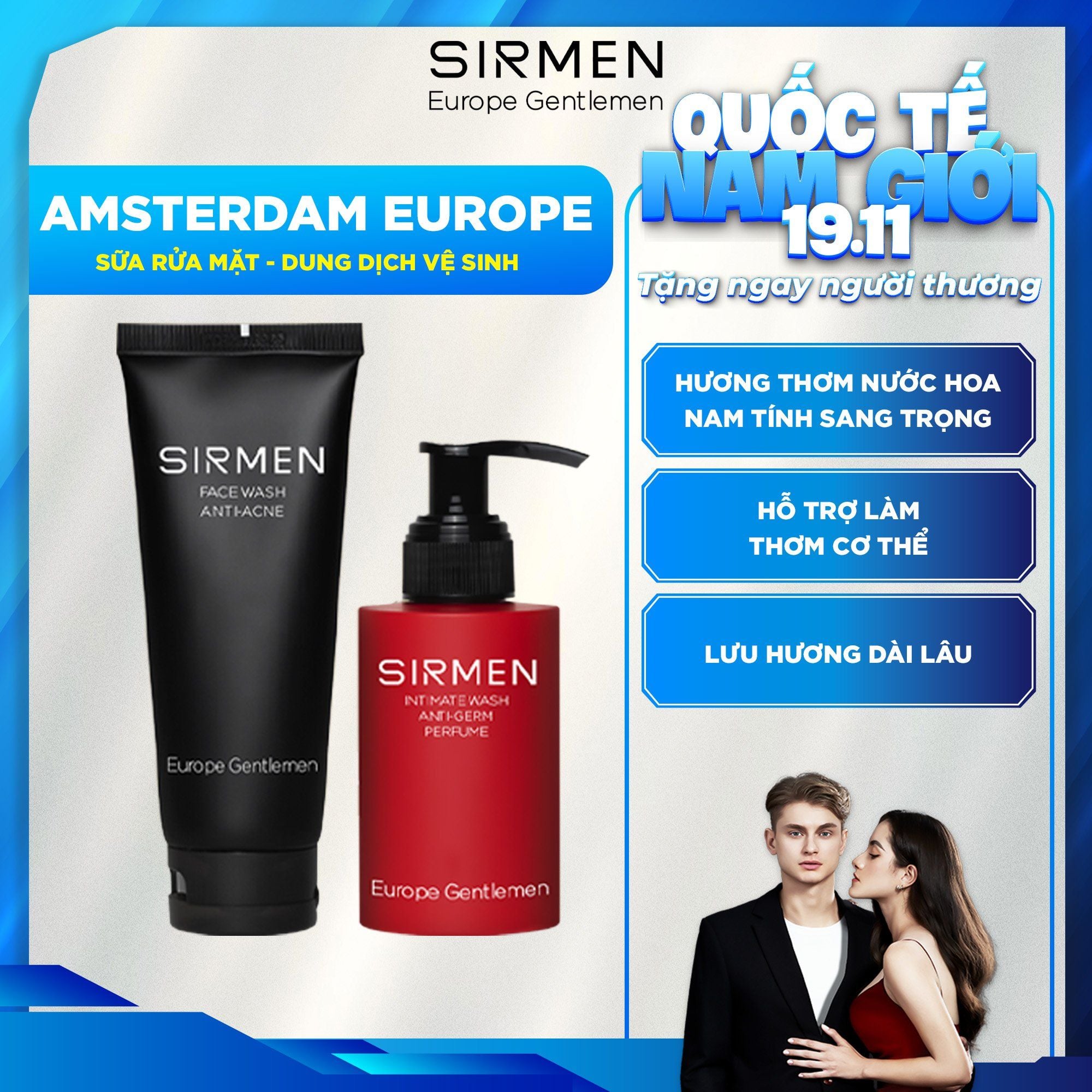  Bộ quà tặng cho nam AMSTERDAM EUROPE gồm Dung dịch vệ sinh nam & Sữa rửa mặt hương nước hoa SIRMEN Europe Gentlemen cao cấp 