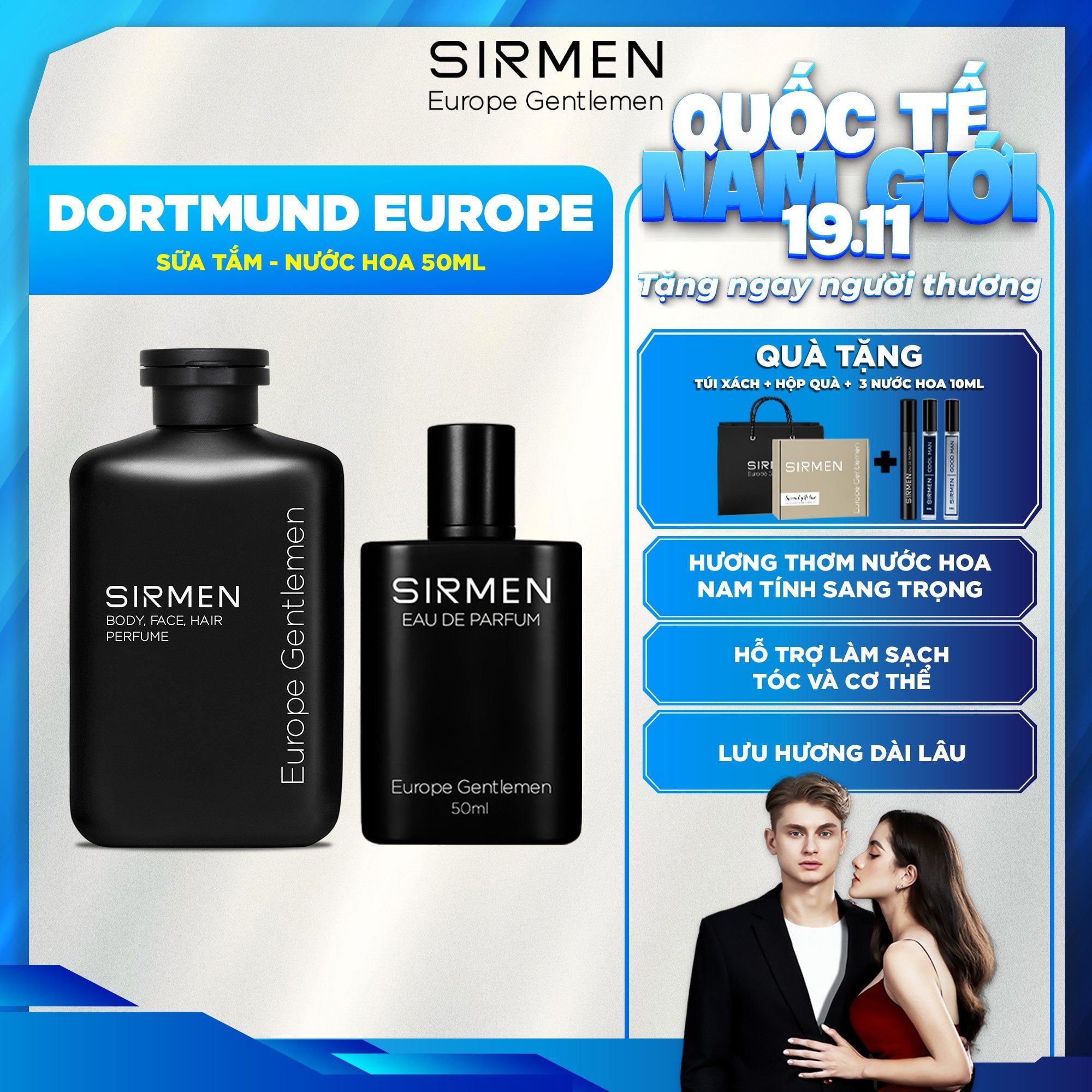  Bộ quà tặng cho nam DORTMUND EUROPE Sữa tắm gội nam 4in1 350g và Nước hoa nam Eau de Parfum 50ml hương nước hoa SIRMEN Europe Gentlemen 