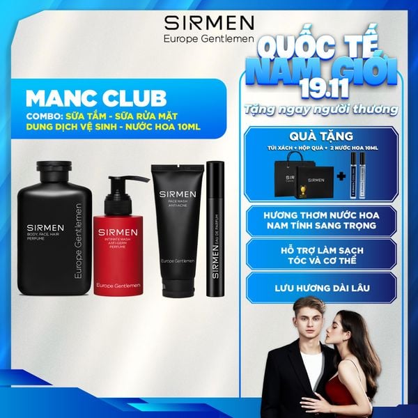 Bộ quà tặng cho nam MANC CLUB gồm Sữa tắm gội nam - Sữa rửa mặt nam - Dung dịch vệ sinh nam và Nước hoa nam 10ml hương nước hoa SIRMEN Europe Gentlemen 