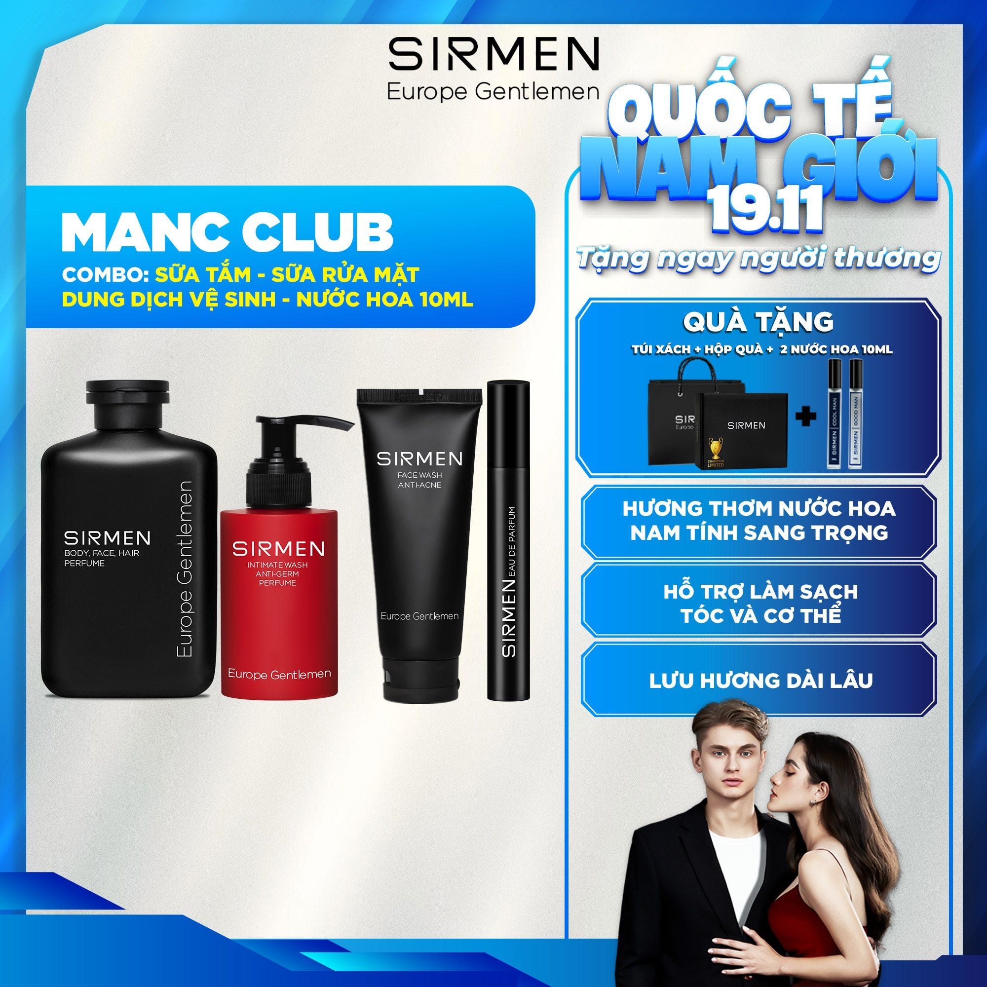 Bộ quà tặng cho nam MANC CLUB gồm Sữa tắm gội nam - Sữa rửa mặt nam - Dung dịch vệ sinh nam và Nước hoa nam 10ml hương nước hoa SIRMEN Europe Gentlemen 