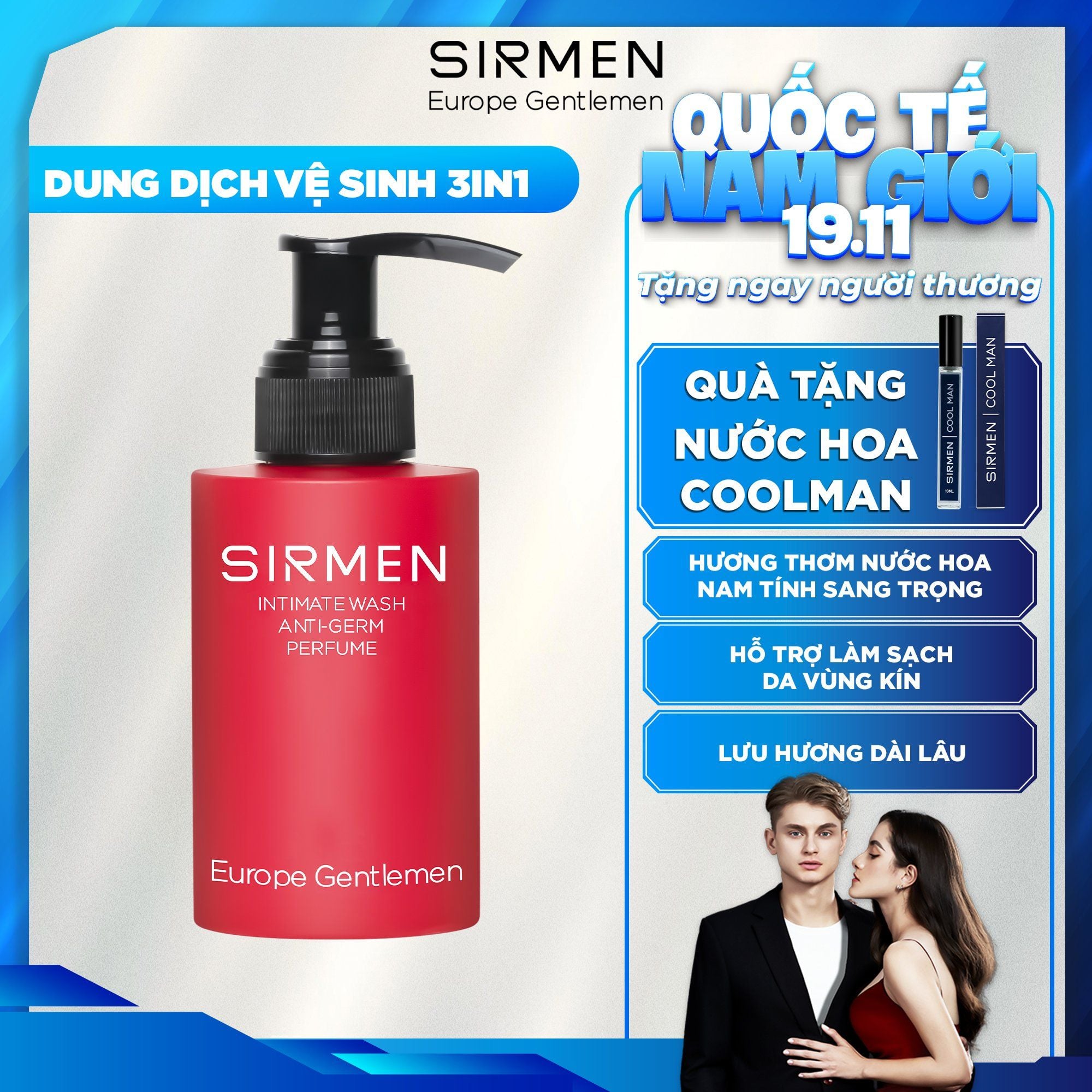  [CHE TÊN SẢN PHẨM] Dung dịch vệ sinh nam 3 in 1 SIRMEN Europe Gentlemen hương nước hoa nam tính quyến rũ cao cấp 100g 