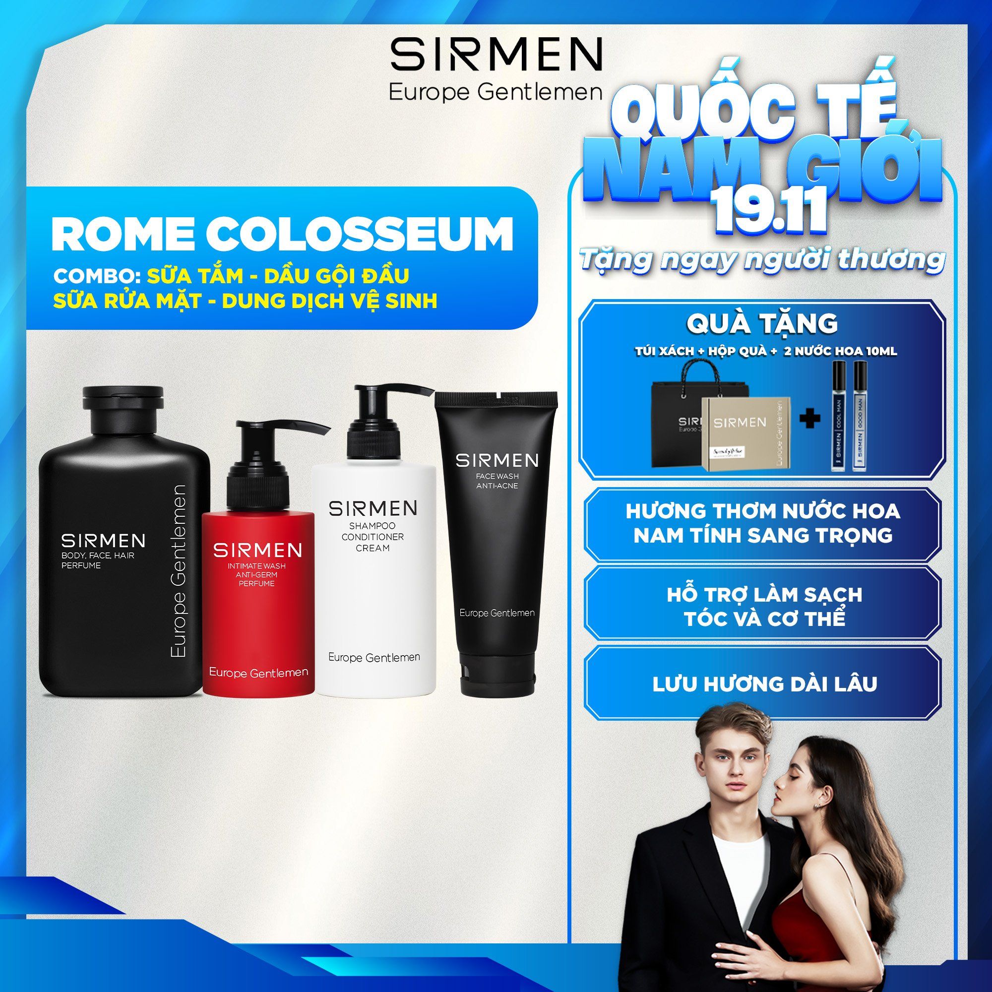  Bộ quà tặng cho nam ROME COLOSSEUM Sữa tắm gội nam - Dầu gội nam - Dung dịch vệ sinh và Sữa rửa mặt nam SIRMEN nguyên liệu tự nhiên Europe Gentlemen 