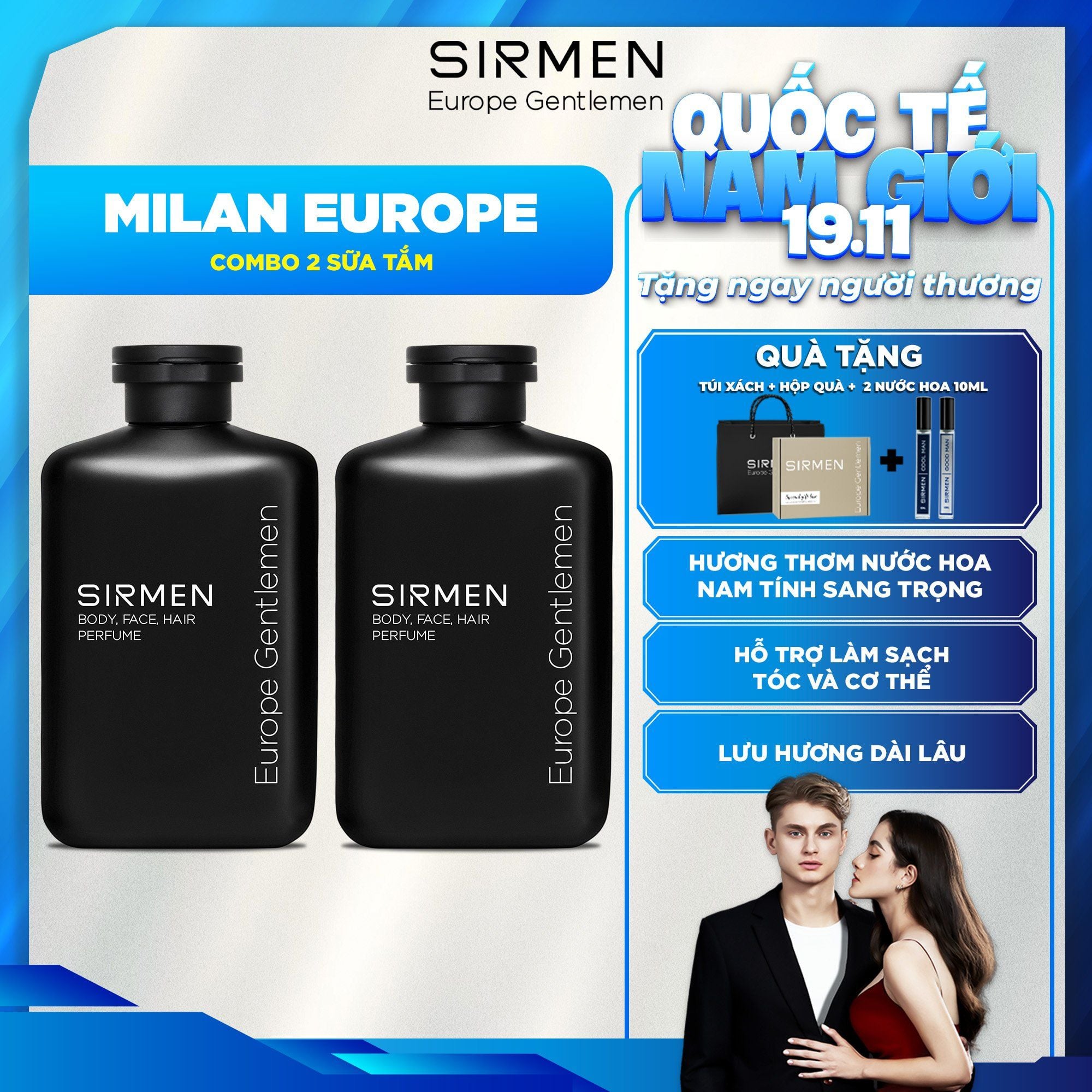  Bộ quà tặng cho nam MILAN EUROPE gồm 02 CHAI Sữa tắm gội nam 4 in 1 hương nước hoa SIRMEN Europe Gentlemen cao cấp 350g 