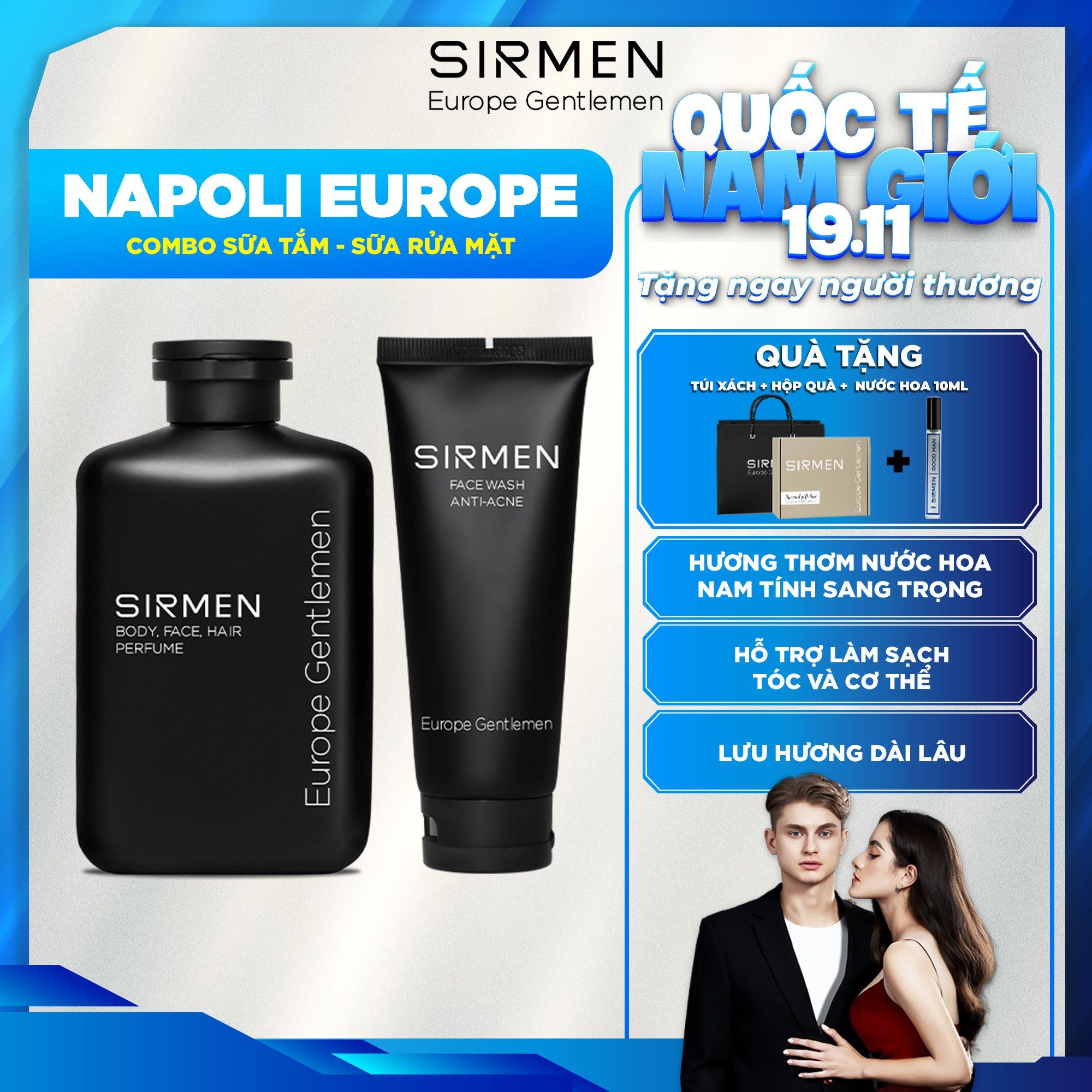  Bộ quà tặng cho nam NAPOLI EUROPE Gồm Sữa tắm gội nam 4in1 350g & Sữa rửa mặt nam 2in1 100g hương nước hoa SIRMEN Europe Gentlemen 