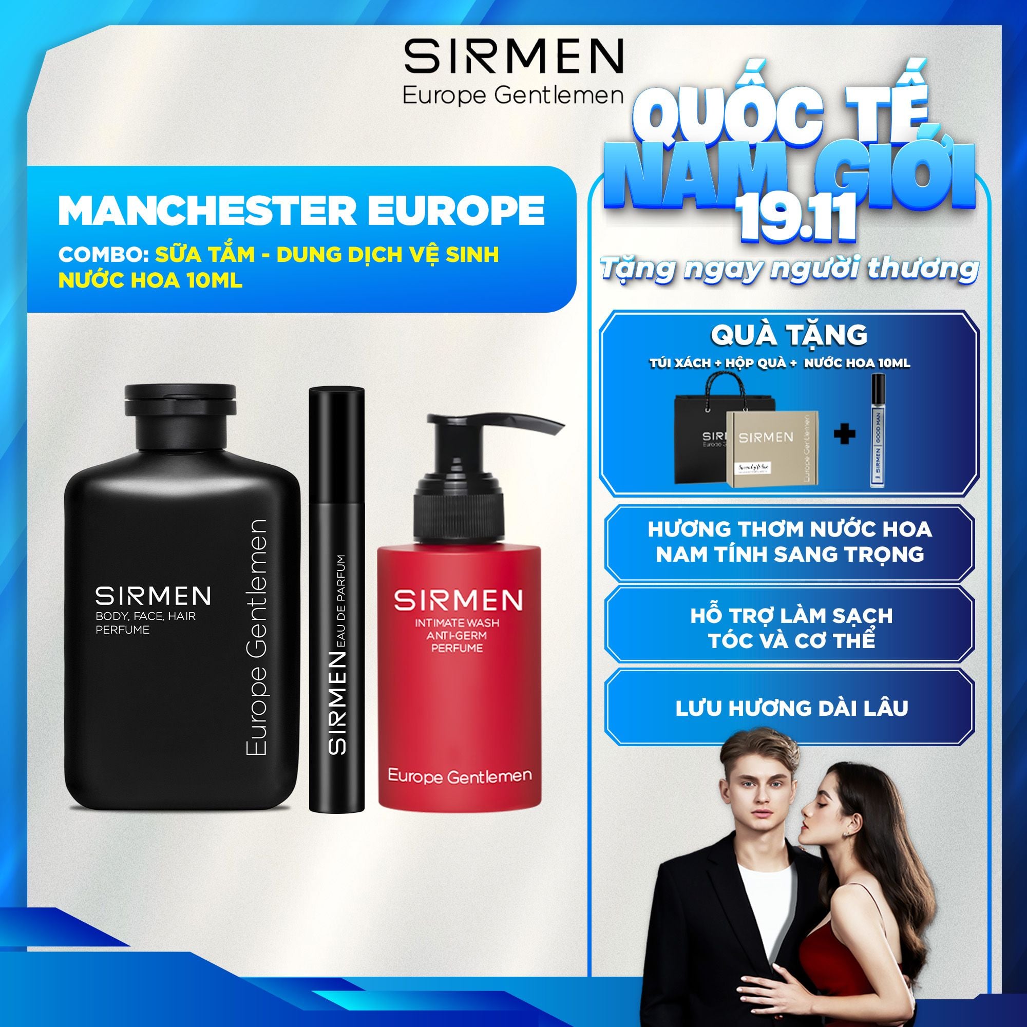 Bộ quà tặng cho nam MANCHESTER EUROPE Gồm Sữa tắm 350g, Nước hoa nam 10ml và Dung dịch vệ sinh nam 100g hương nước hoa 