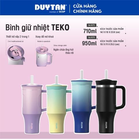 Ly Giữ Nhiệt Teko Matsu 710ml - 950ml, Inox 304 , Nhựa PP, Silicone, Nắp 2 Trong 1, Tay Cầm Tiện Lợi