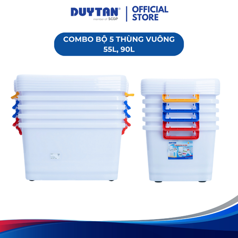 Combo 5 Thùng Vuông 55 Lít, 90 Lít DUY TÂN nhựa PP, thùng đựng thực phẩm, thùng đựng đồ đa năng
