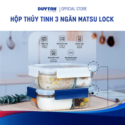 Hộp Thực Phẩm Thủy Tinh MATSU LOCK 3 Ngăn – Chịu Nhiệt, Kín Khí, An Toàn Cho Lò Vi Sóng