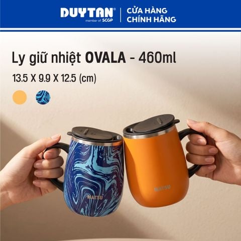 Cốc Giữ Nhiệt Ovala 460ml Matsu, Thép không gỉ, Có Tay Cầm, Nắp Kín Chống Tràn, Thiết Kế Hiện Đại