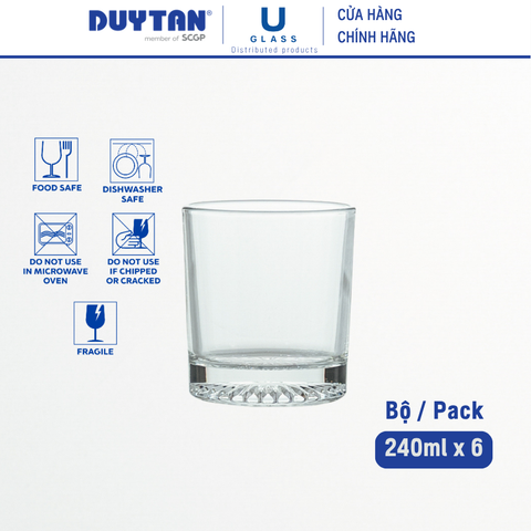 Bộ 6 Ly cốc thủy tinh U Glass 240ml kiểu lùn đáy khía - PUG350